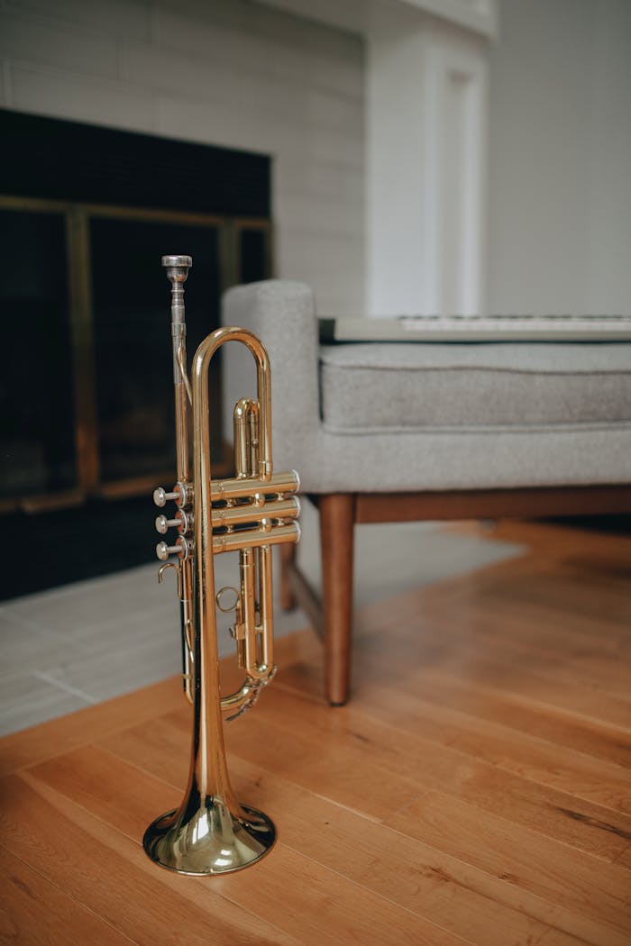 A shiny brass trumpet placed on a wooden floor in a modern living room.